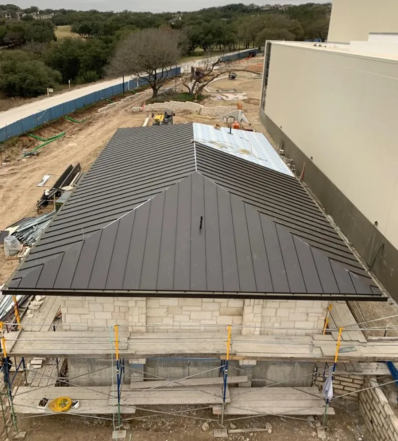 Metal roof new construction with scaffolding in Richfield